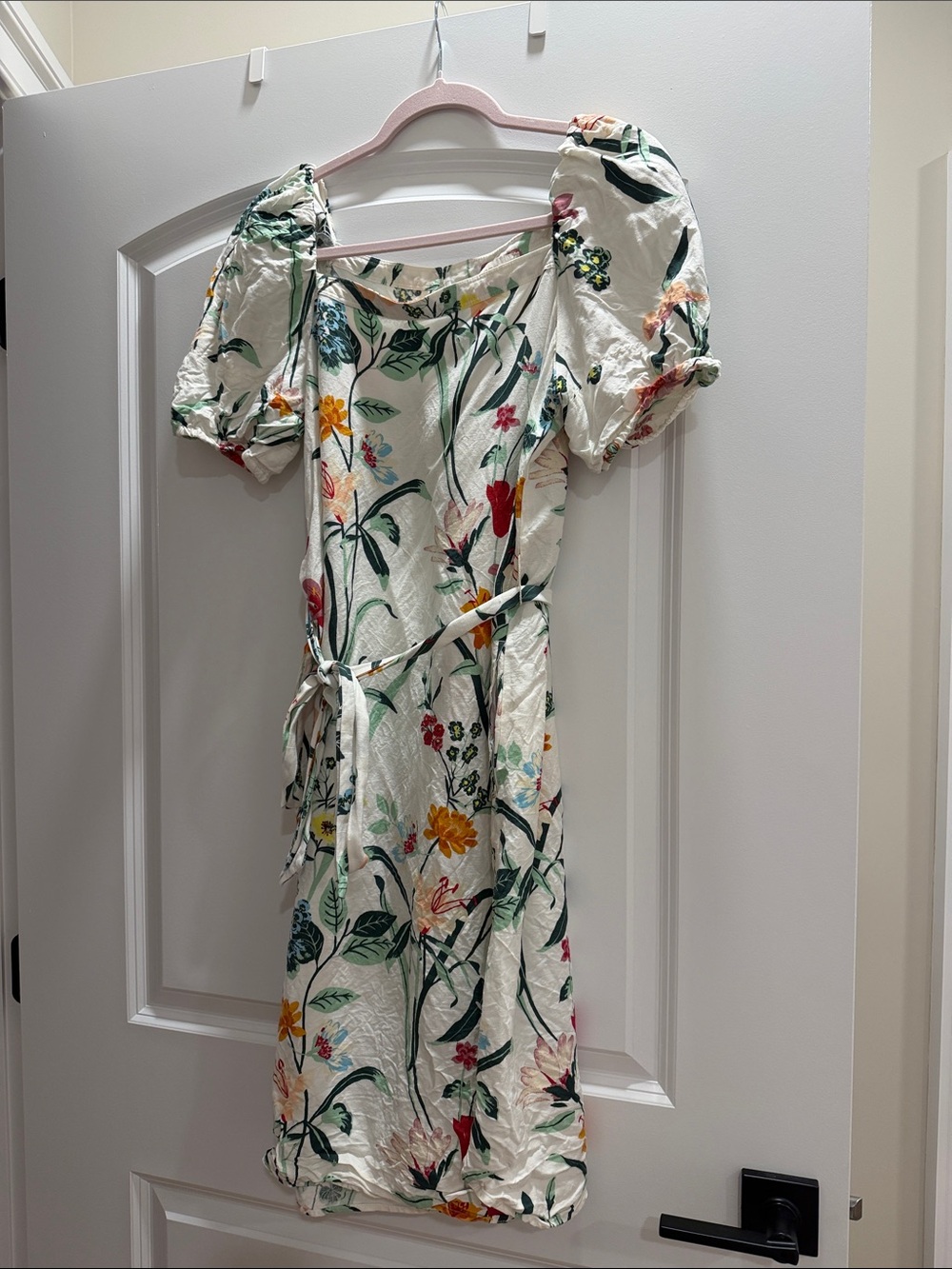 LOFT White Floral Puff-Sleeve Midi Dress